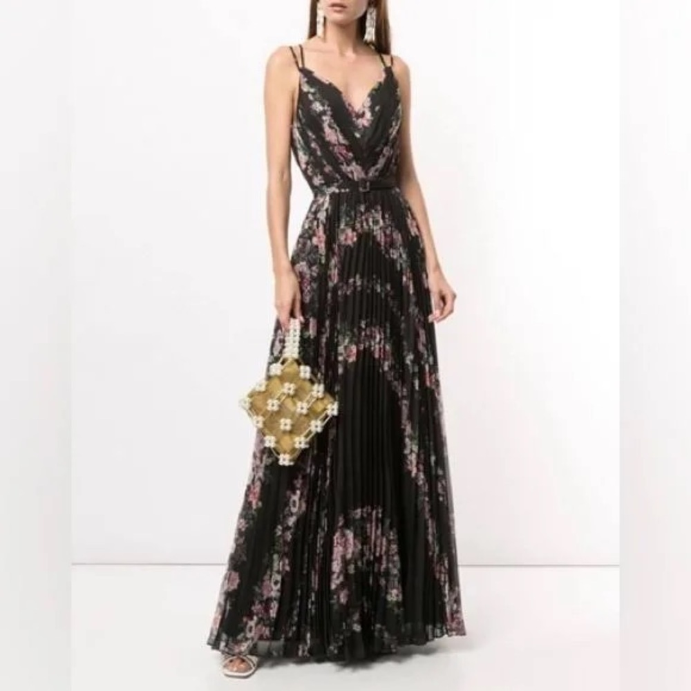 Size 8 Marchesa Notte Floral Print Sleeveless Pleated Chiffon Gown